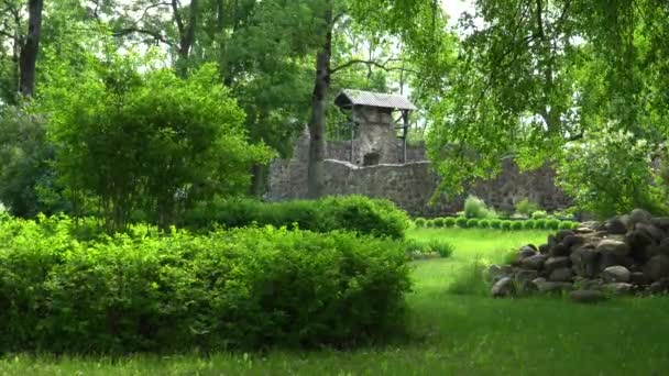 历史石墙 一个中世纪防御工事的例子在多贝尔城堡的历史遗迹 夏日阳光灿烂的旧城公园的景观 — 图库视频影像