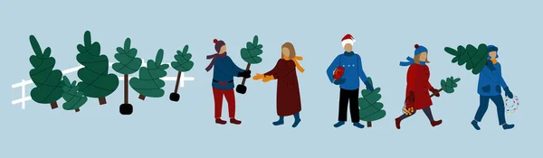 Kerstboom Verkopen Kopen Platte Horizontale Vector Illustratie Winterseizoen Vakantie Voorbereiding — Stockvector