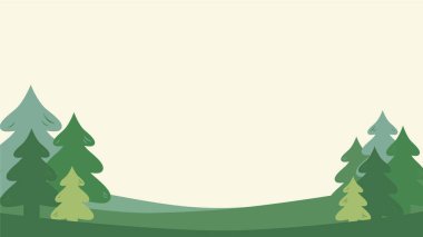 Basit yeşil bahar arkaplanı, köknar ve metin için yer. Yatay çerçeve, çocuk tarzı. Vektör arkaplan şablonu.