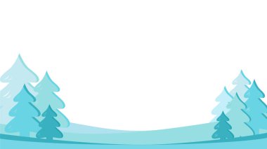 Yazı için yeri olan basit karlı kış arkaplanı. Minimalist tasarım arkaplanı ve karla kaplı köknar ağaçları. Beyaz, mavi, koyu mavi, gölgeler.