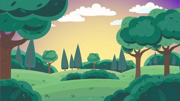 Platte Vector Illustratie Achtergrond Van Het Platteland Berglandschap Met Bomen — Stockvector