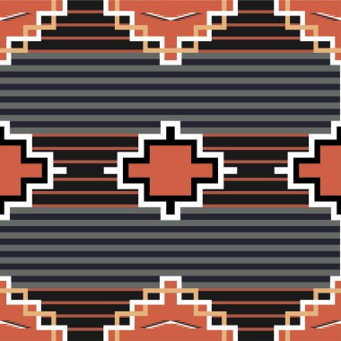 Navajo kusursuz desen, vektörle yapılmış. Kırmızı turuncu, siyah, beyaz Navajo tekstilinin orijinal renkleri. Kadın stili battaniye, üçüncü aşama. Orijinal battaniyenin kopyası..
