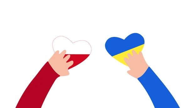 Украина Польша Детские Руки Держащие Сердца Сине Желтых Цветах Красно — стоковый вектор