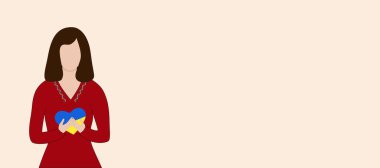 Ukraynalı kırmızı elbiseli, kalbi mavi sarı bayrak renginde bir kadın. Uzayı metin için kopyala. Ukrayna kavramına bayılıyorum. Düz vektör illüstrasyonu