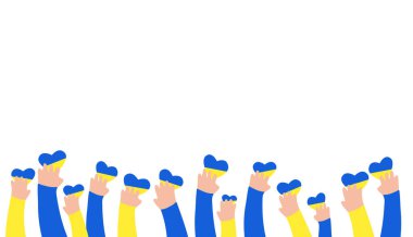 Çocukların elleri kalpleri mavi ve sarı renkte tutuyor, kopyala uzayı. Ukrayna kavramına bayılıyorum. Metni, vektör arkaplanını yerleştir.