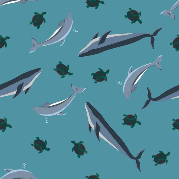 Cute Kids Seamless Pattern Whales Dolphins Turtles Made Vector Sea — Stock Vector