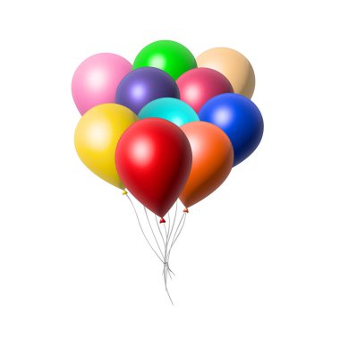 Yüksek kalite süper gerçekçi balonlar. Şeffaf arka planda 3D renkli parti balonları, doğum günü süslemeleri. Uçan parti balon seti, kartlar için tasarım ögesi, davetiyeler vs..