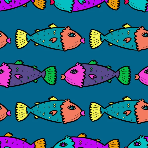Seamless Psychedelic Fish Vector Pattern Bright Fishes Rows Pattern Textile — Stock Vector