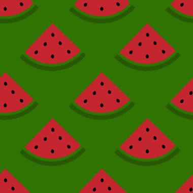 Basit, dikişsiz karpuz deseni. Koyu yeşil arka planda tohumlu karpuz dilimleri. Vektör olarak yapıldı.