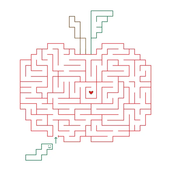 ワームと正方形のリンゴの迷路 子供用の迷路 中程度のハードレベル ベクトル製 — ストックベクタ
