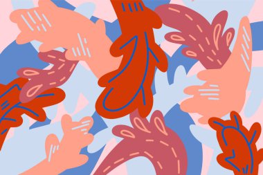 Soyut arkaplan, El çeşitli şekiller ve karalama nesneleri çizdi. Modern modern vektör illüstrasyonu. Parlak renkler: kırmızı, pembe, mavi, deniz, gül.