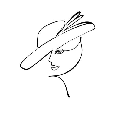 Şapkalı güzel bir kadın kafası, kesintisiz bir çizgi çizimi. Çizgili kadın, minimalist duvar sanatı ile karşı karşıya. Şapkalı zarif bir kız, beyaz arka plan vektör çiziminde izole edilmiş. Element tasarım logosu.