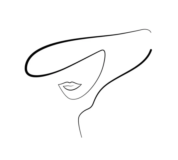 Schöne Frau Mit Hut Eine Durchgehende Linienzeichnung Linie Weibliche Gesicht — Stockvektor