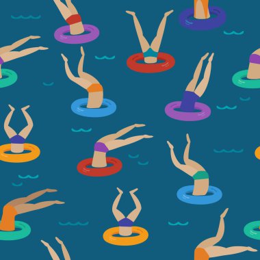 People diving, jumping into water throw the rubber ring on the beach, water pool. Having fun, summer time. Colorful vector cartoon illustration, seamless pattern with swimming people isolated on blue background.
