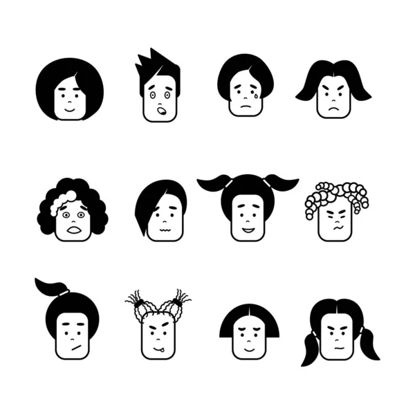 漫画風の基本的な感情などのベクトル図です 異なる感情タイプの人々の頭の多様性 黒と白 隔離された — ストックベクタ