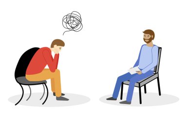 İnternet afişi için bireysel psikoterapi vektör kavramı, web sitesi sayfası. Sandalyede oturan üzgün adam erkek psikologla konuşuyor. Sağlık hizmetleri kavramı.