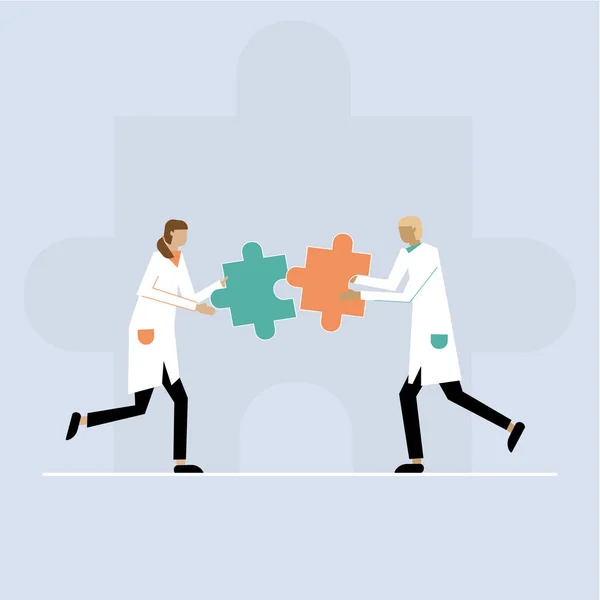 Vector Two Doctors Man Woman Uniform Putting Puzzle Pieces Together — Stock Vector