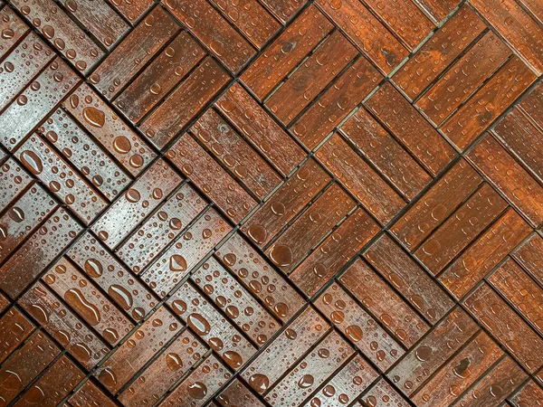 Wooden Floor Balcony Rain Drops Wooden Floor Protection Oil Applying —  Fotos de Stock