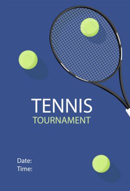 Dikey Tenis Şampiyonası ve Turnuva Posteri. İçeride, dışarıda, lacivert, raket, kort. Kapatın. Düz, basit, eski tarz. Vektör şablonu