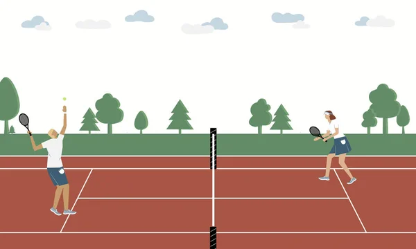 Couple Man Woman Play Tennis Outdoor Summer Flat Vector Illustration — ストックベクタ