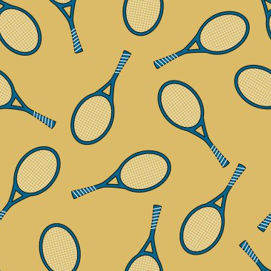 Seamless pattern with random Tennis rackets on yellow background. Repeat vector design. Great for fabric, products, wrapping paper, sports goods. Background wallpaper. Vector illustration.