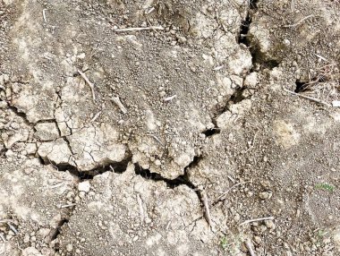 Texture of dry cracked soil due to global warming effect, aridity, drought. Top view. Nature background.