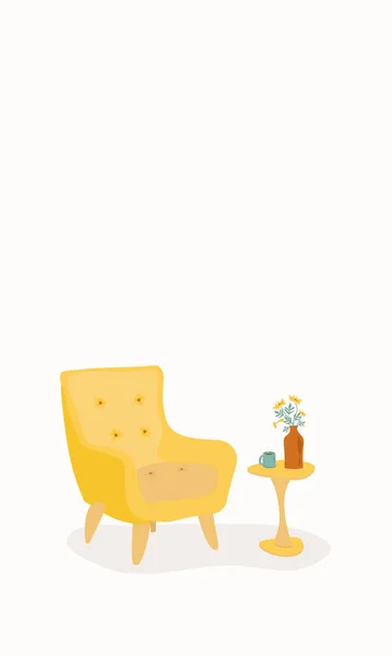 Interior Design Modern Vintage Cozy Yellow Armchair Small Table Vase — Stockvector