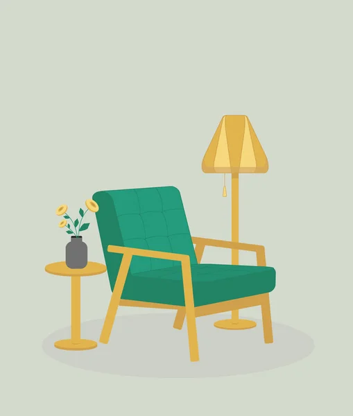 Interior Design Modern Vintage Cozy Wooden Green Armchair Lamp Small — Stockvector