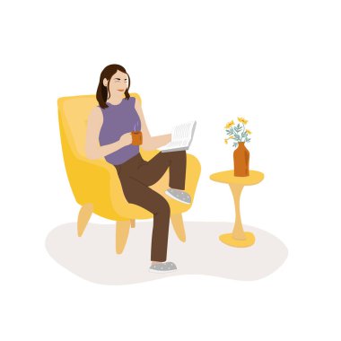 Woman reading book and drinking hot tea or coffee flat color vector faceless character on white background. Female relaxing at home in yellow chair. Girl with hot drink on armchair. Recreation isolated cartoon illustration. concept of cozy staying ho