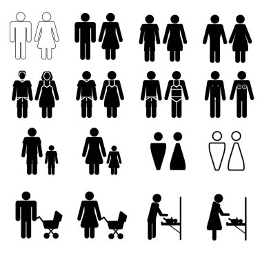 Man and woman icons set. male and female sign and symbol.  Men,women,mother with baby and handicap symbol. Restroom for male, female, with kids and babies.