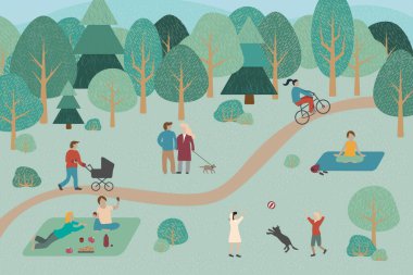 People in park in spring or summer. Happy men and women walking with dog, having picnic, kids playing with a ball, doing yoga outdoor, nature romantic dates, riding bicycle. Vector colorful cartoon concept.