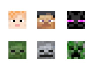A set of colored square cartoon pixel heads isolated on a white background. A set of six character skins in the style of eight-bit games. Color pixel heads with a scary faces. Vector illustration