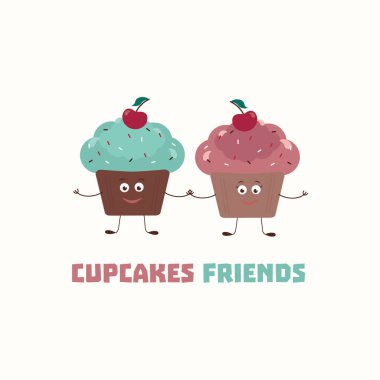 Sarı arkaplan resimli şirin Cupcake karakterleri. Mavi ve pembe pastel renkler. Bebek kumaşı, tekstil, giysi, pijama ve tişört tasarımı için mükemmel. Cupcake 'in arkadaşlarından alıntı yap.