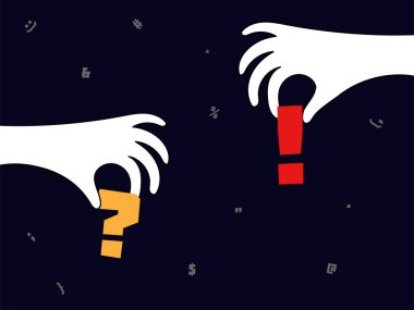 İki el turuncu soru işareti ve siyah arka planda kırmızı ünlem işareti taşıyor. Sorulara cevap arayışının, fikirlerin ve sorunların çözümlerinin vektör illüstrasyonunu kavra.