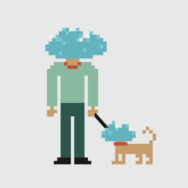 Pixel Art Man Met Hond Met Hoofd Wolk Onderwerp Hoofd — Stockvector