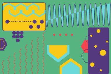 Yumruk parlak soyut vektör geometrik arka plan. Çeşitli şekil ve konuların kolajı. Yüksek doymuş kaotik desen, arkaplan.