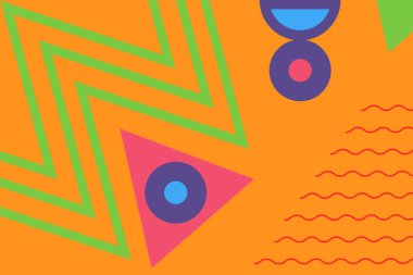 Yumruk parlak soyut vektör geometrik arka plan. Çeşitli şekil ve konuların kolajı. Doymuş kaotik düzen, arka plan. Turuncu, mavi, pembe, kırmızı, yeşil, mor renkler.