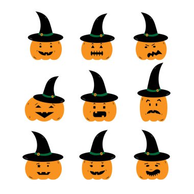 Cadılar Bayramı için farklı duyguları olan basit çocuklar renkli çizgi film balkabakları. Komik Cadılar Bayramı balkabakları vektör illüstrasyonunu oluşturdu. Basit düz stil, tasarım öğesi kadar iyi, tekstil giysileri, çıkartmalar, vs..