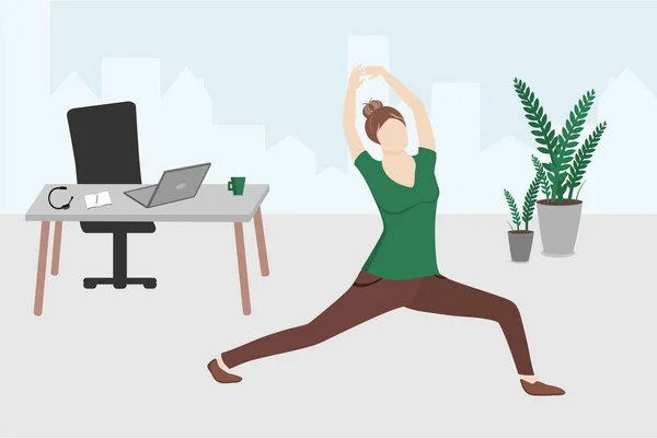 年轻女人在办公室里伸懒腰 女雇员在喝咖啡休息时间做运动 伸展腿和胳膊 远程工作 工作概念 — 图库矢量图片