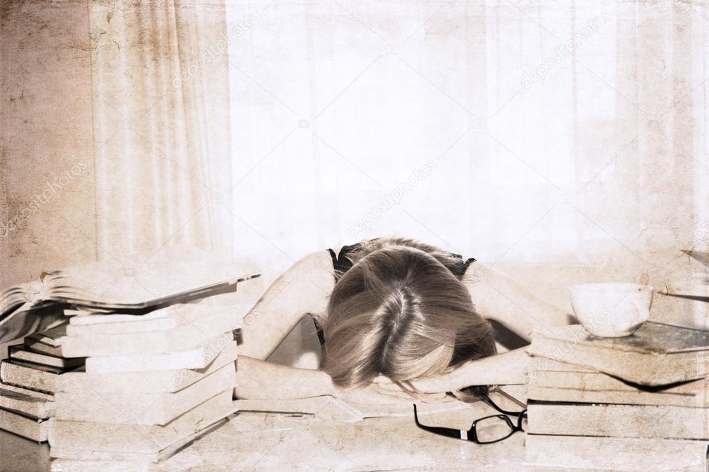 Artwork in retro style, girl in the library, sleeping