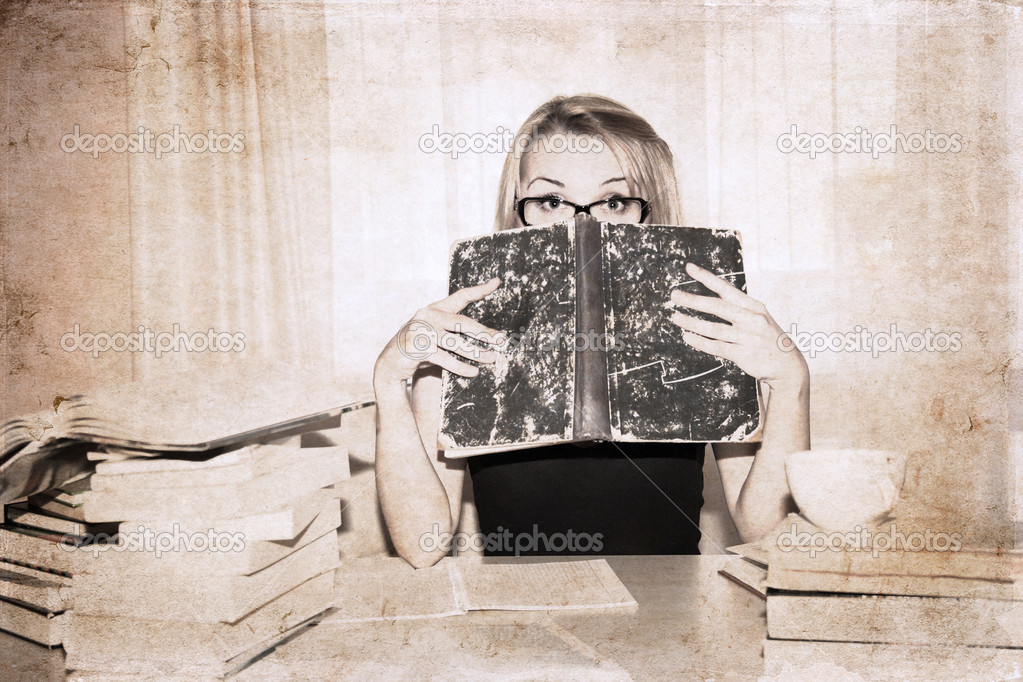 Artwork in retro style, girl in the library