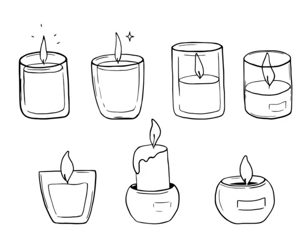 Conjunto Velas Desenhadas Mão Velas Doodle Velas Aroma Ardente Jarros —  Vetores de Stock