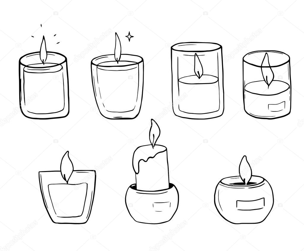 Hand drawn set of candles. Doodle candles. Burning aroma candles in glass jars doodle