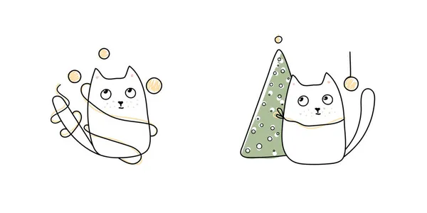 Los Gatos Dibujos Animados Garabatean Navidad Divertida Mano Dibujado Vector — Vector de stock