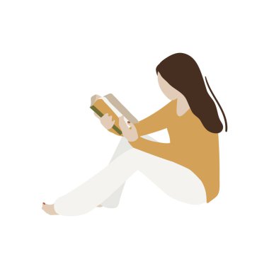Soyut kadın oturuyor ve kitap okuyor. Düz konsept vektör çizimi