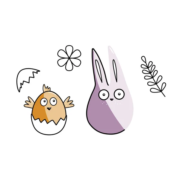 Rolig Påsk Illustration Söt Tecknad Kanin Och Kyckling Klotter — Stock vektor