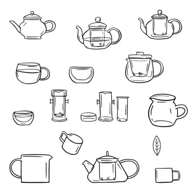 Çin çay seremonisi için el çizimi. Doodle Çin çay takımı