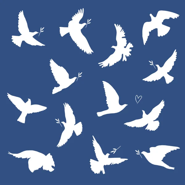 Flying Birds Silhouettes Set Vector Illustrations Doves Peace Silhouettes — Image vectorielle