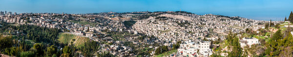 Panorama from Mount of Olives with the Dome of the rock and the old city walls in Jerusalem