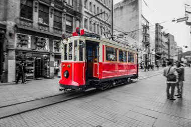 Red tram in Istanbul, Istiklal street, Turkey